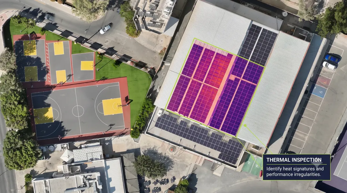 Aerial thermal survey of a commercial rooftop solar array in Nicosia showing a localised hotspot